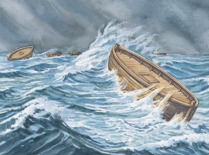 Jarediate barges crossing the ocean, being tossed by waves